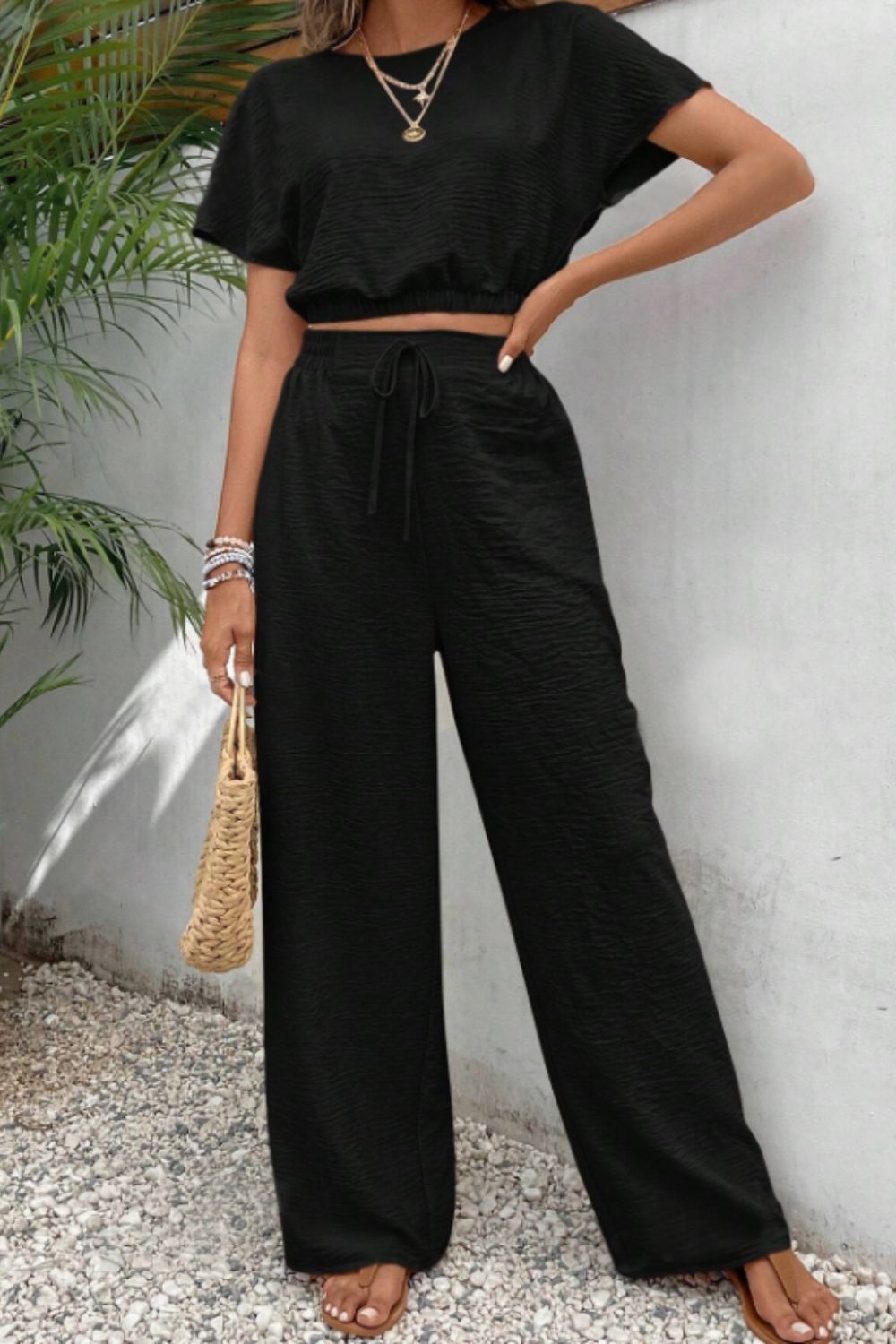 Set Round Neck Short Sleeve Top and Pants