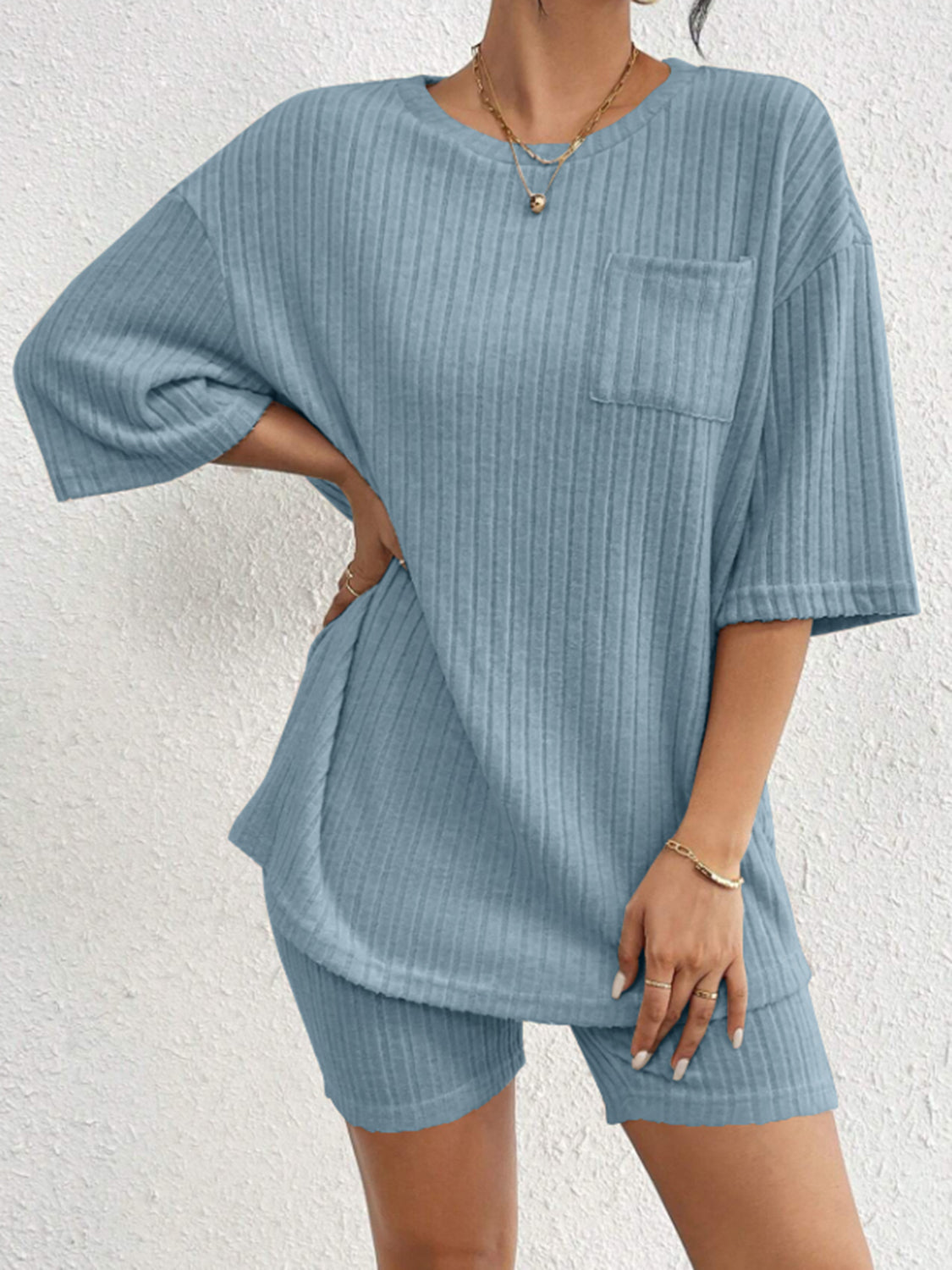 Set Ribbed Round Neck Top and Shorts