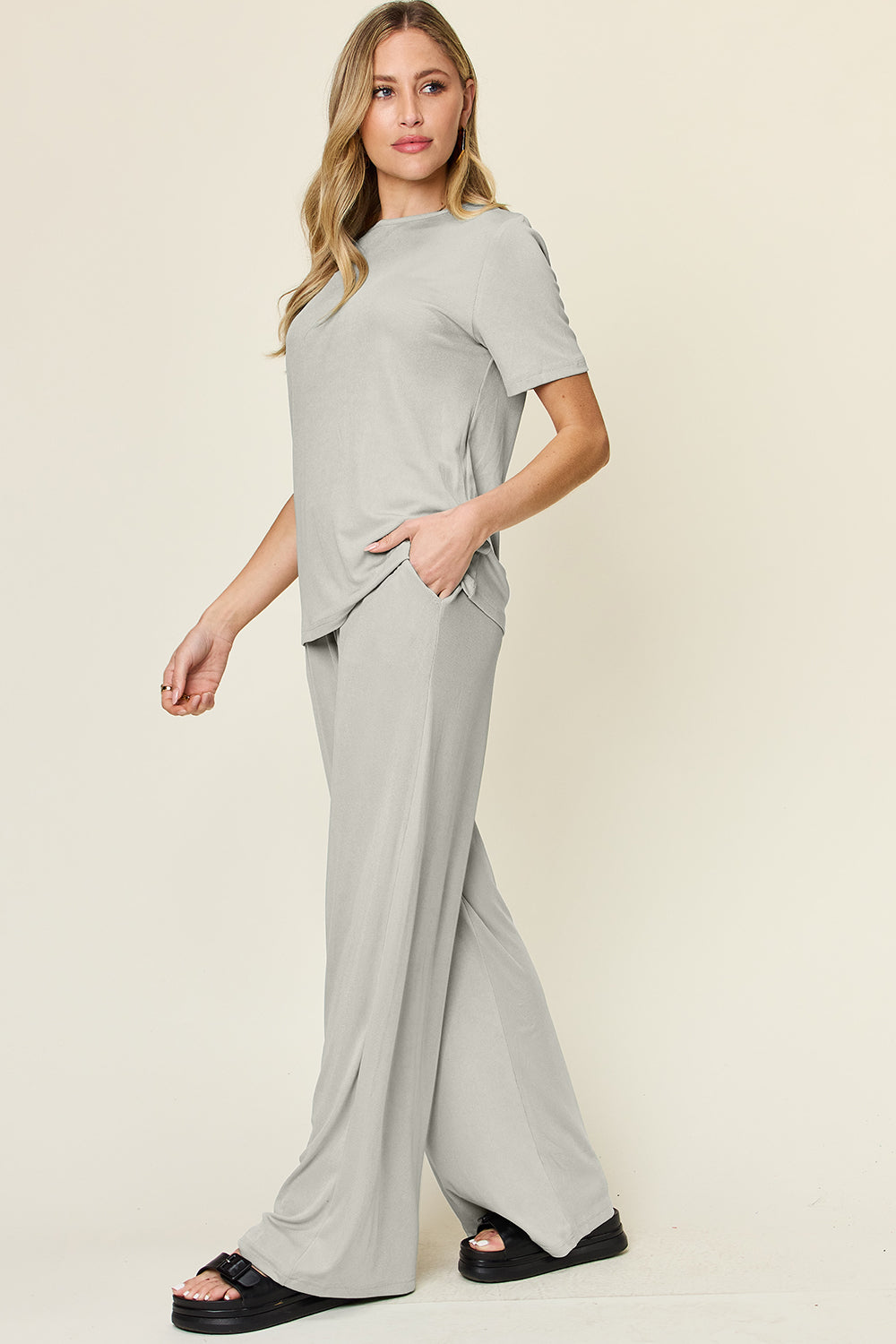 SET Double Take Full Size Round Neck Short Sleeve Top and Wide Leg Pants Set