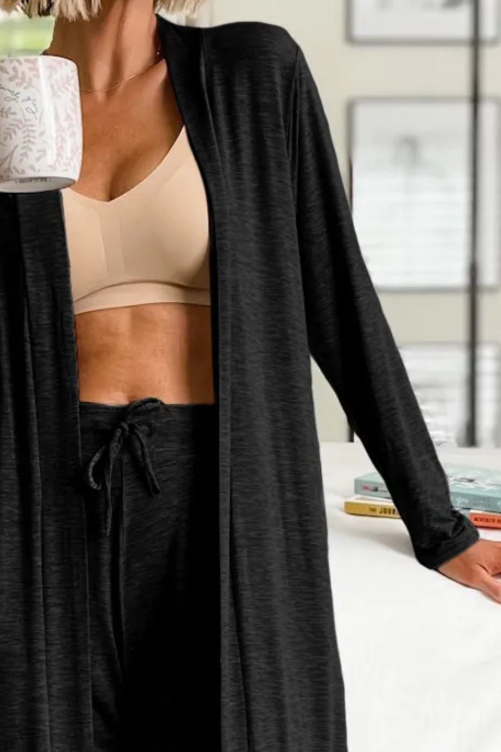 Set Open Front Long Sleeve Cardigan and Pants Lounge Set