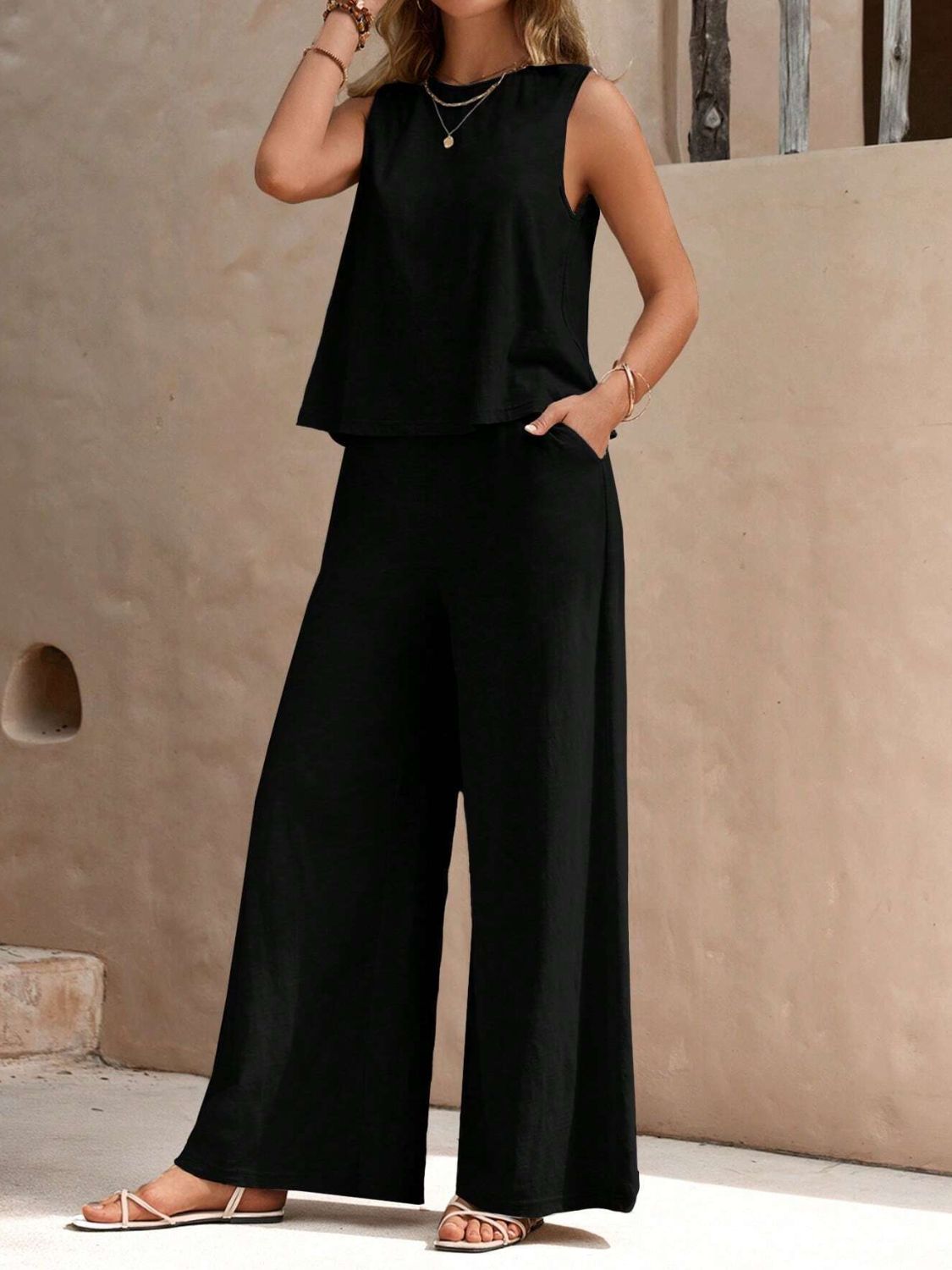 Set Round Neck Sleeveless Top and Wide Leg Pants Set