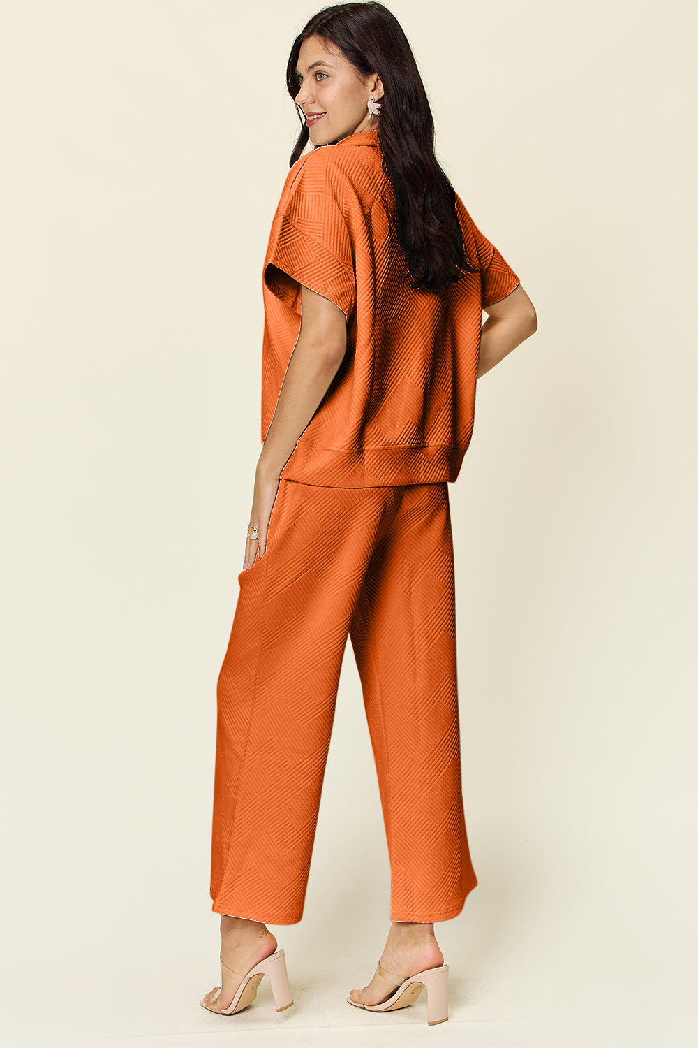 SET Double Take Full Size Texture Half Zip Short Sleeve Top and Pants Set