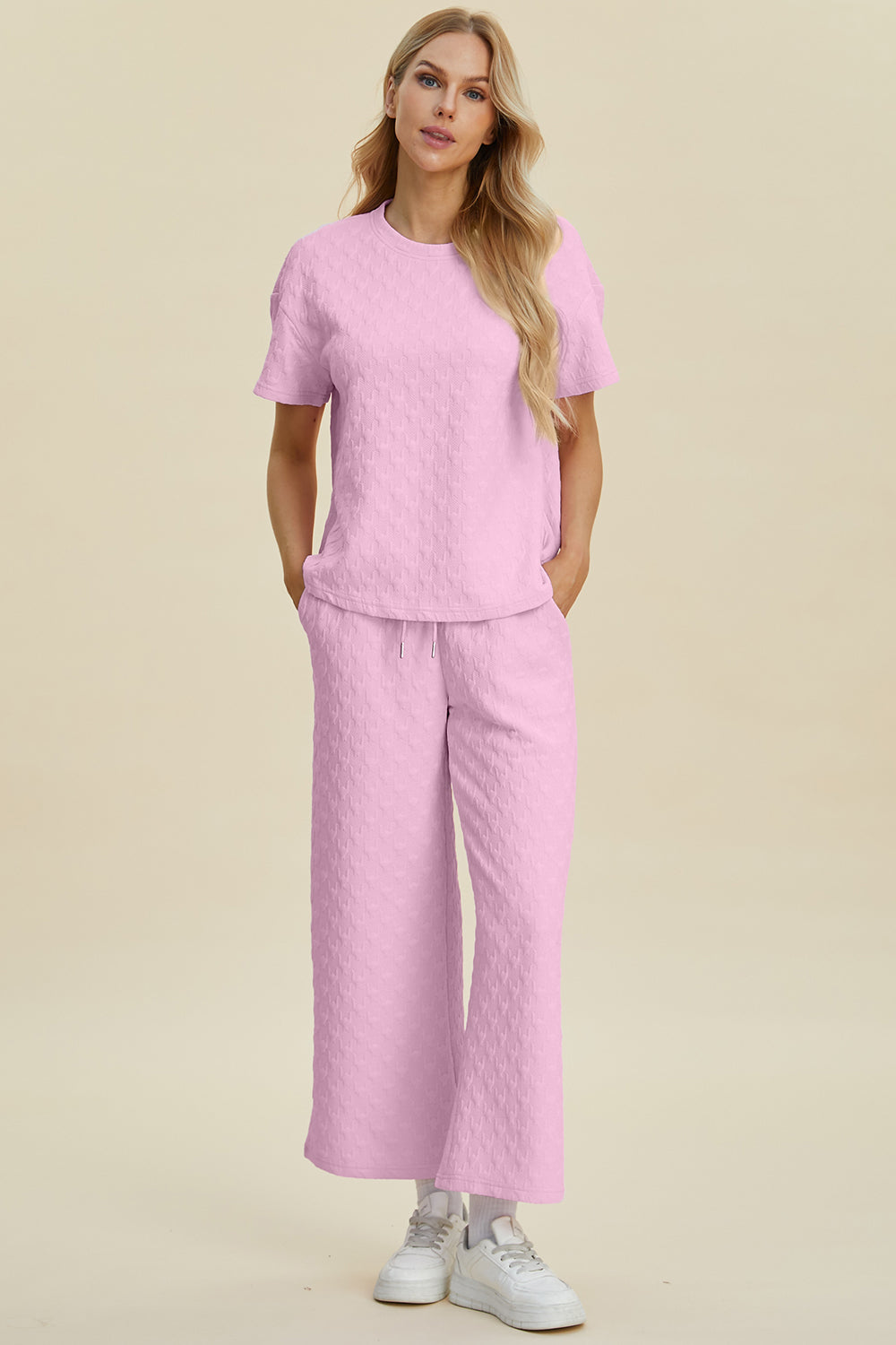 SET Double Take Full Size Texture Round Neck Short Sleeve Top and Pants Set