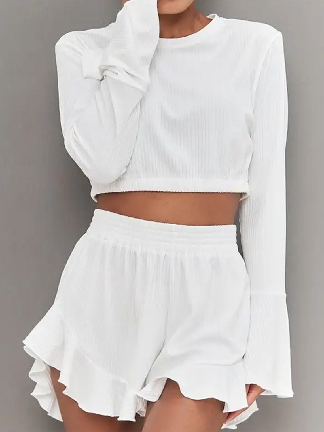 Set Round Neck Long Sleeve Top and Ruffled Shorts Set