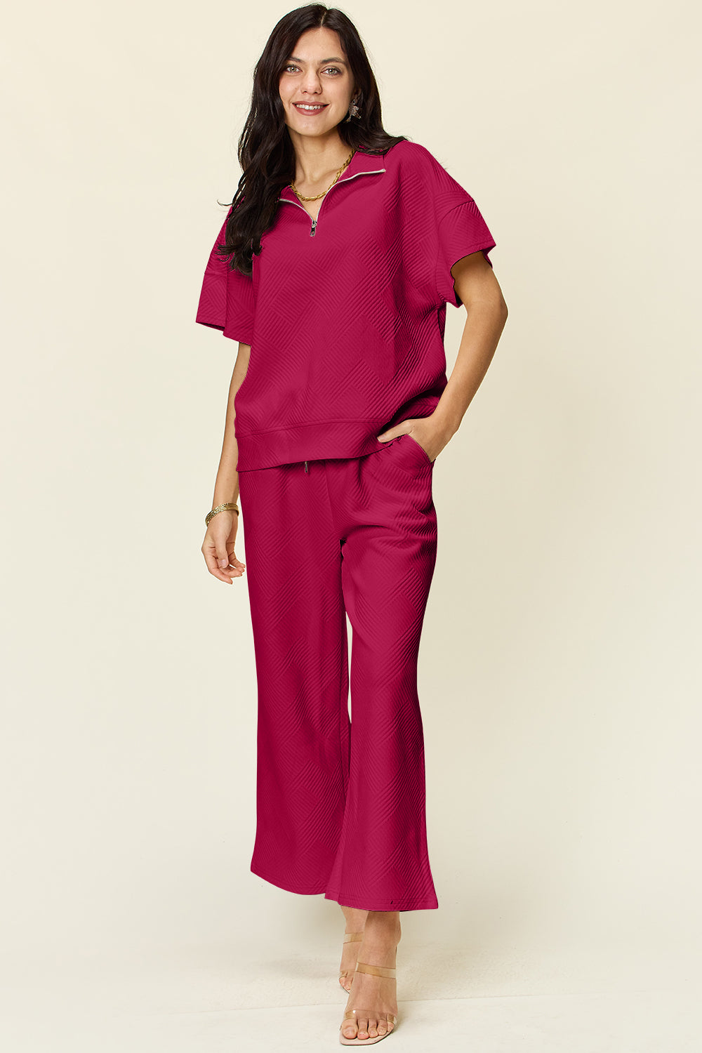 SET Double Take Full Size Texture Half Zip Short Sleeve Top and Pants Set