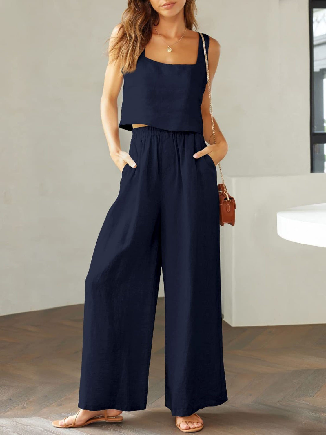 Set Square Neck Top and Wide Leg Pants Set