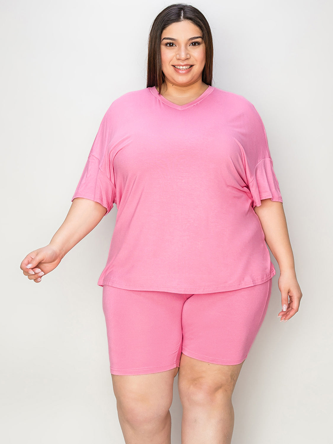 SET Basic Bae Full Size V-Neck Drop Shoulder Top and Shorts Set