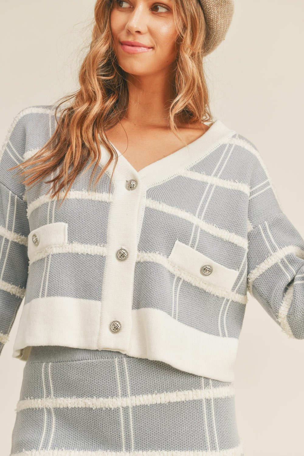 Set MABLE Plaid Button Down Sweater Cardigan and Mini Skirt Set