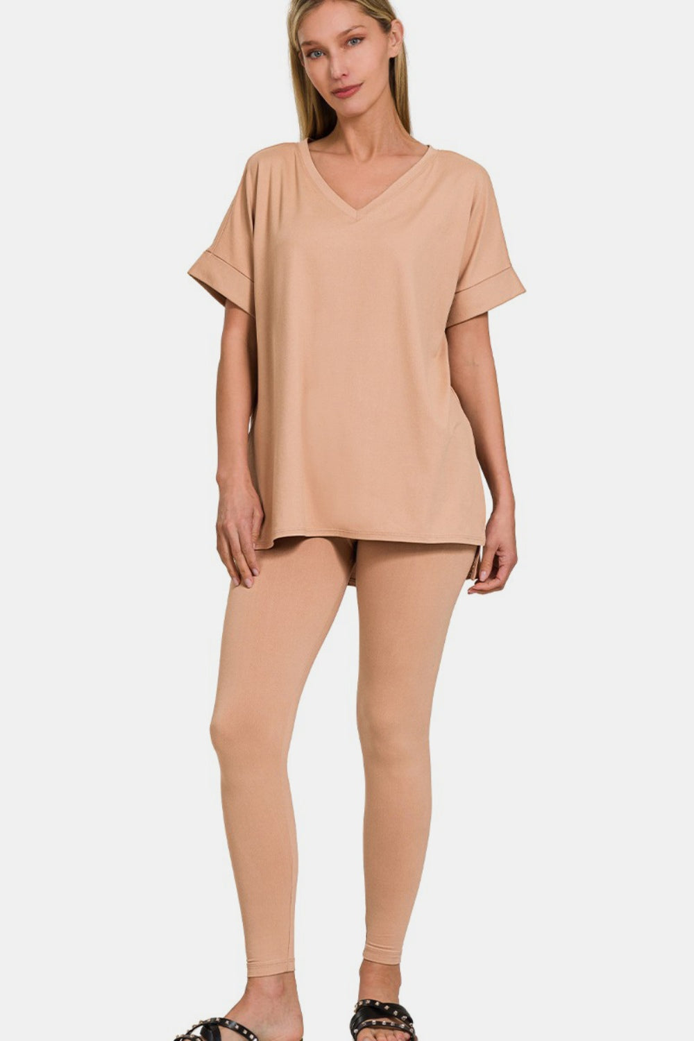 Set Zenana Full Size V-Neck Rolled Short Sleeve