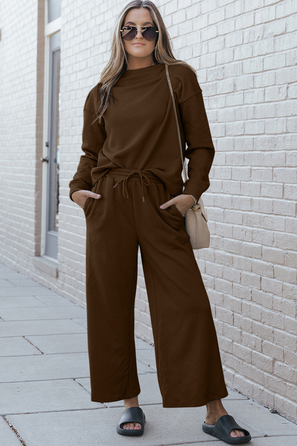 SET Double Take Full Size Textured Long Sleeve Top and Drawstring Pants Set