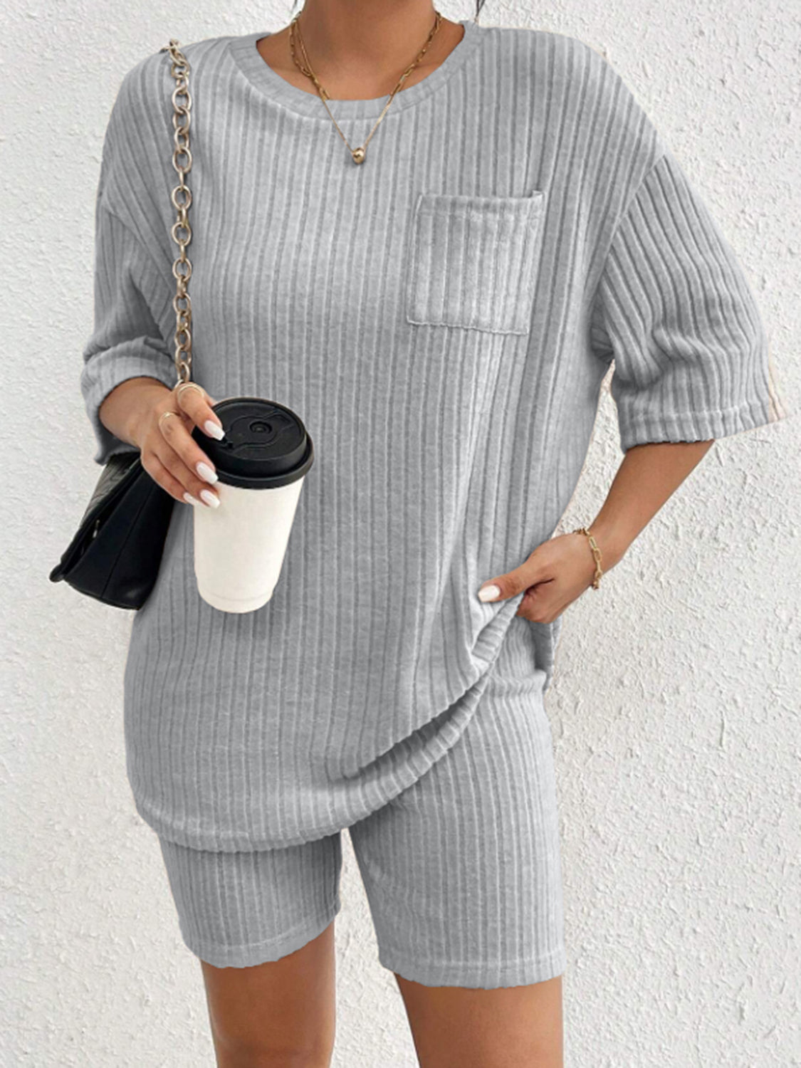 Set Ribbed Round Neck Top and Shorts