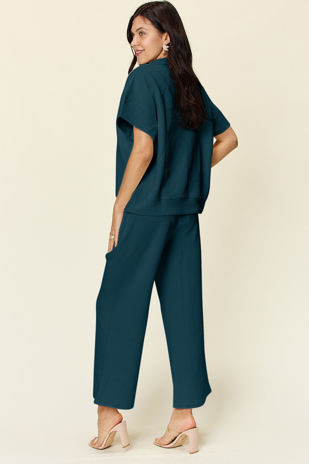 SET Double Take Full Size Texture Half Zip Short Sleeve Top and Pants Set