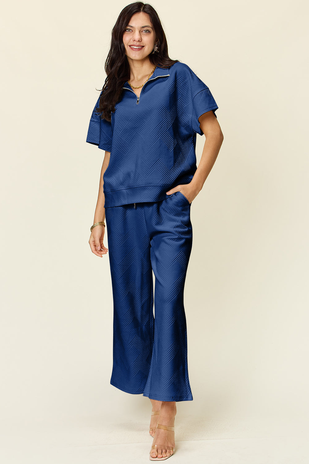 SET Double Take Full Size Texture Half Zip Short Sleeve Top and Pants Set