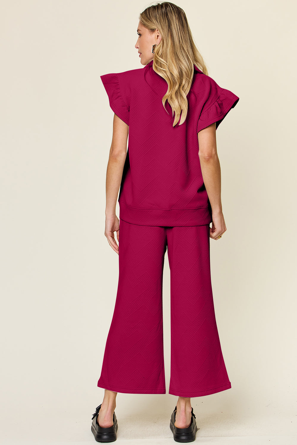 SET Double Take Texture Ruffle Short Sleeve Top and Drawstring Wide Leg Pants Set