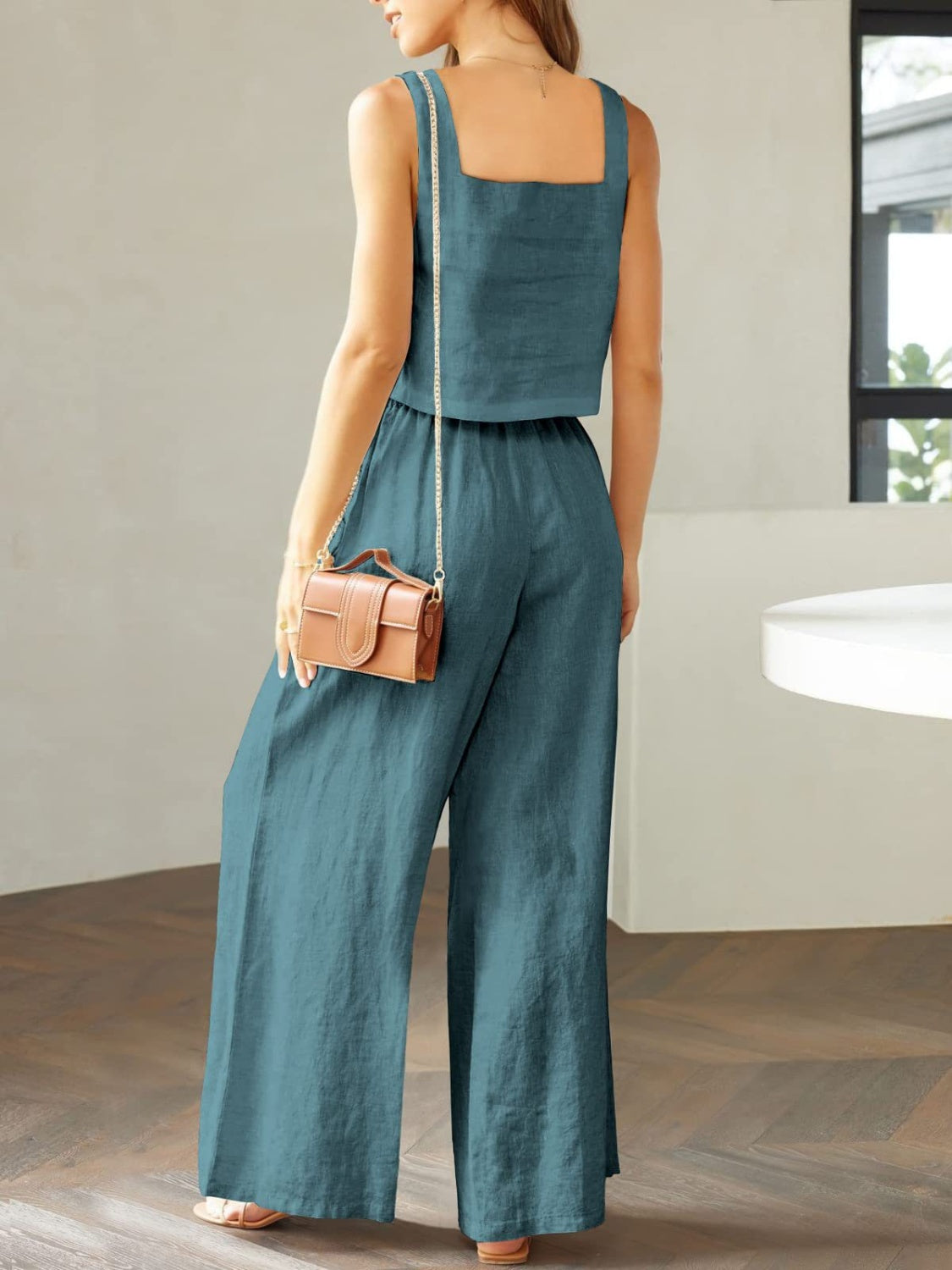 Set Square Neck Top and Wide Leg Pants Set