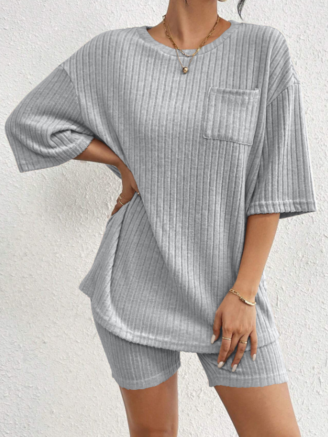 Set Ribbed Round Neck Top and Shorts