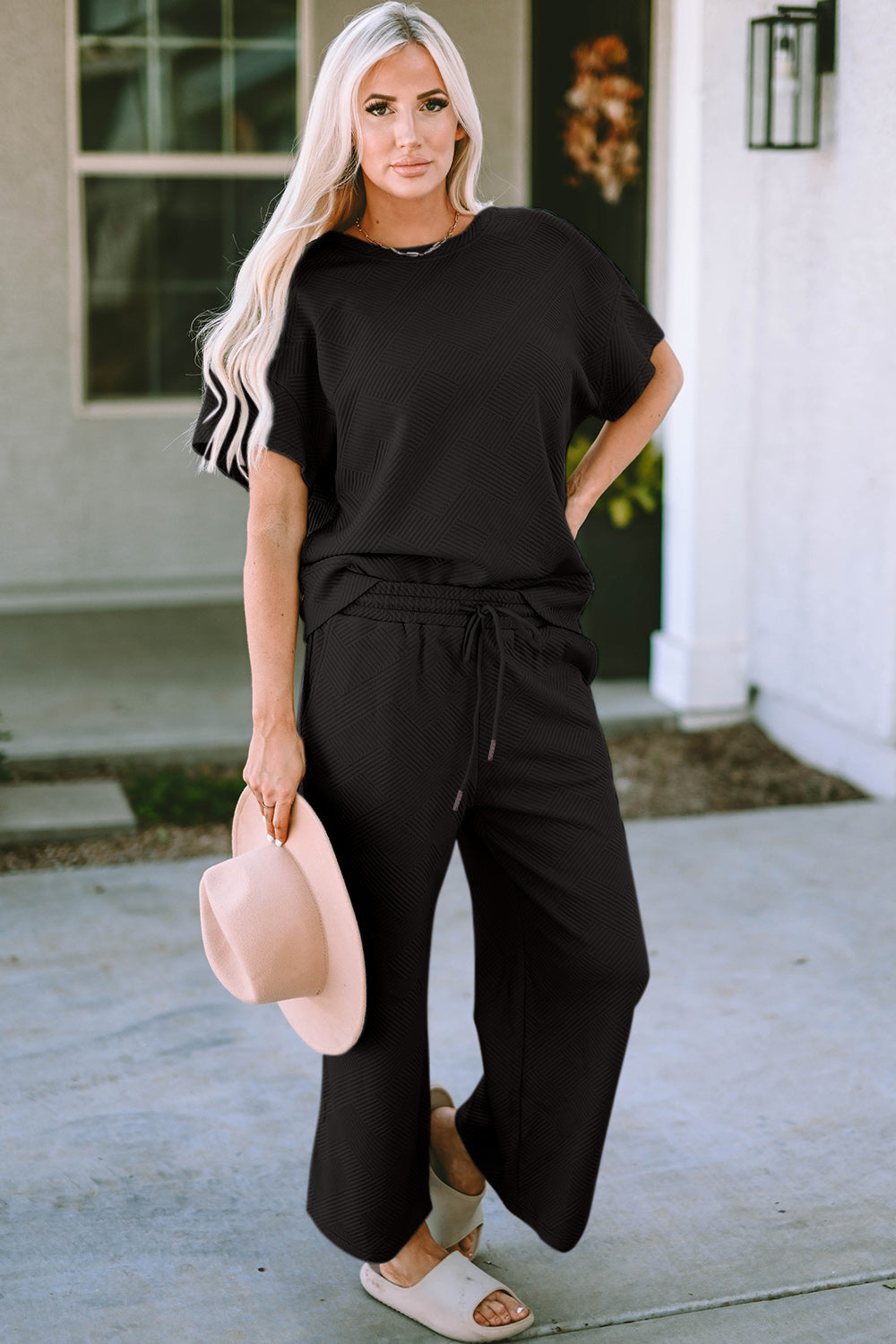 SET Double Take Full Size Texture Short Sleeve Top and Pants Set