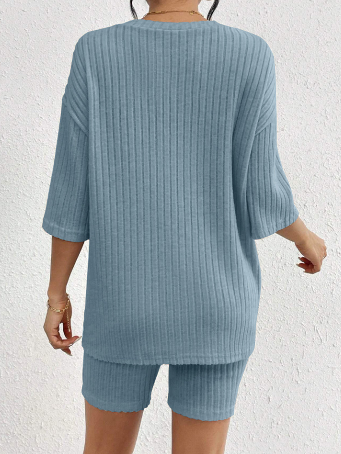 Set Ribbed Round Neck Top and Shorts