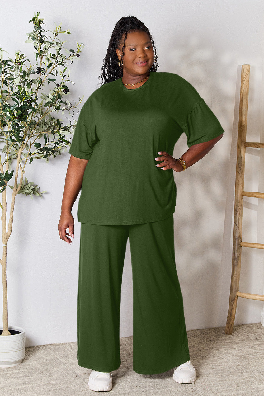 Set Double Take Full Size Round Neck Slit Top and Pants Set