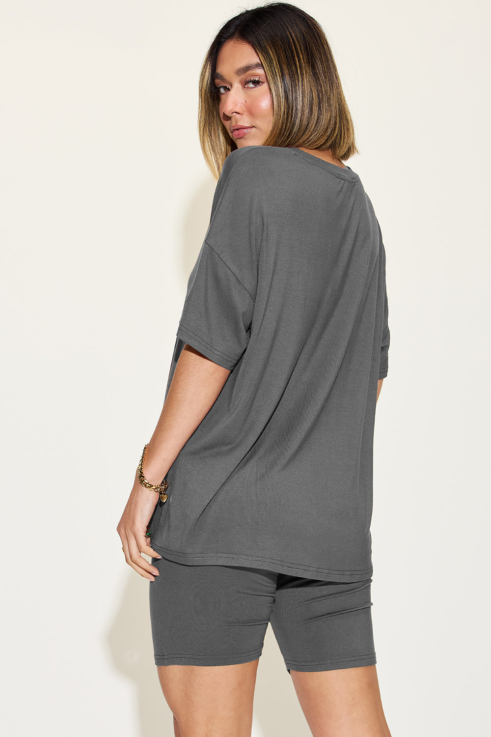 SET Basic Bae Full Size V-Neck Drop Shoulder Top and Shorts Set
