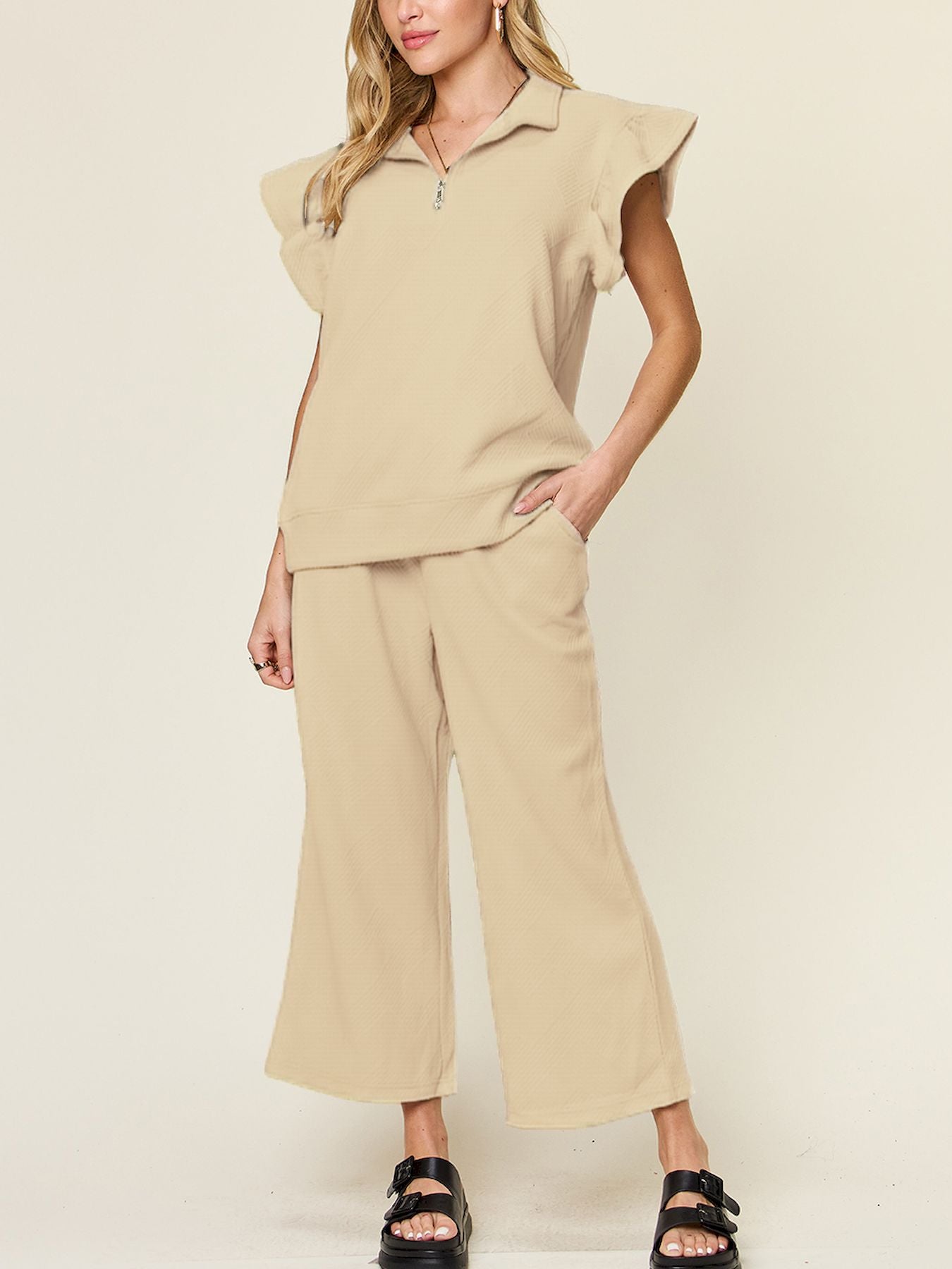 SET Double Take Texture Ruffle Short Sleeve Top and Drawstring Wide Leg Pants Set