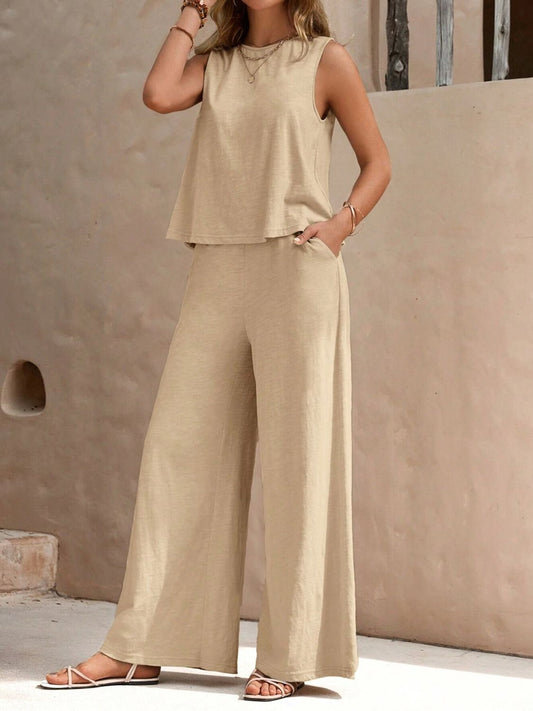 Set Round Neck Sleeveless Top and Wide Leg Pants Set