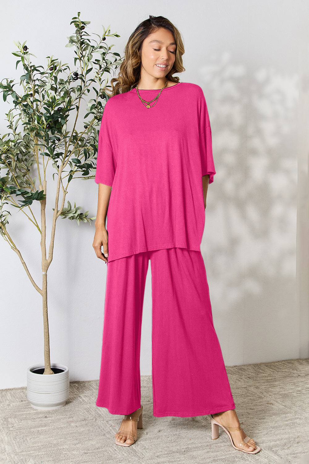 Set Double Take Full Size Round Neck Slit Top and Pants Set