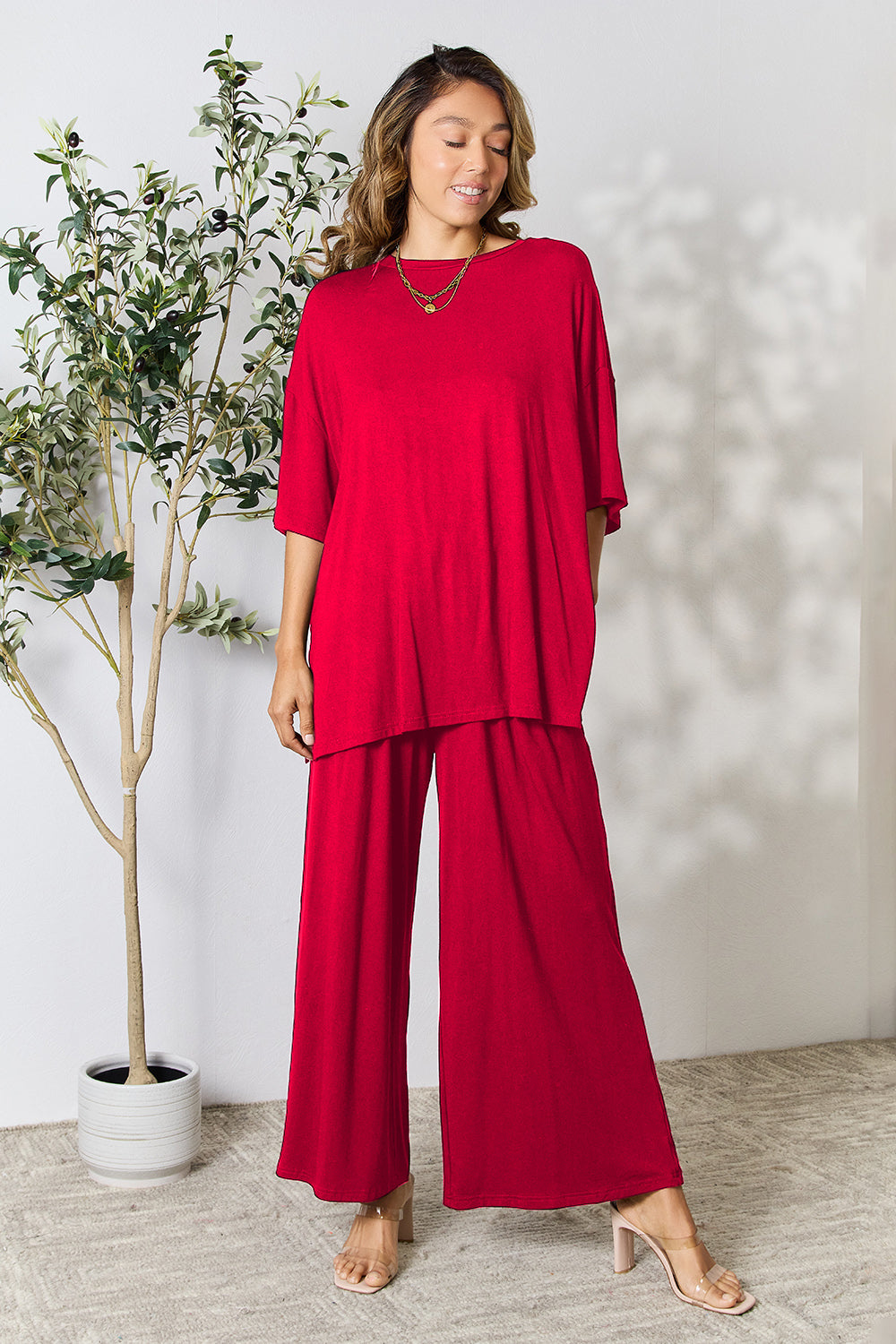 Set Double Take Full Size Round Neck Slit Top and Pants Set