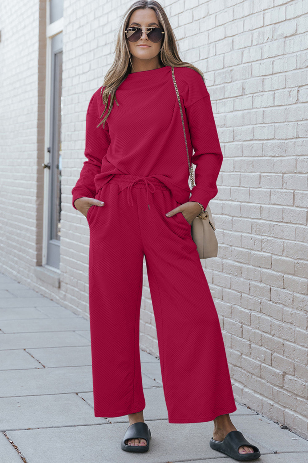 SET Double Take Full Size Textured Long Sleeve Top and Drawstring Pants Set