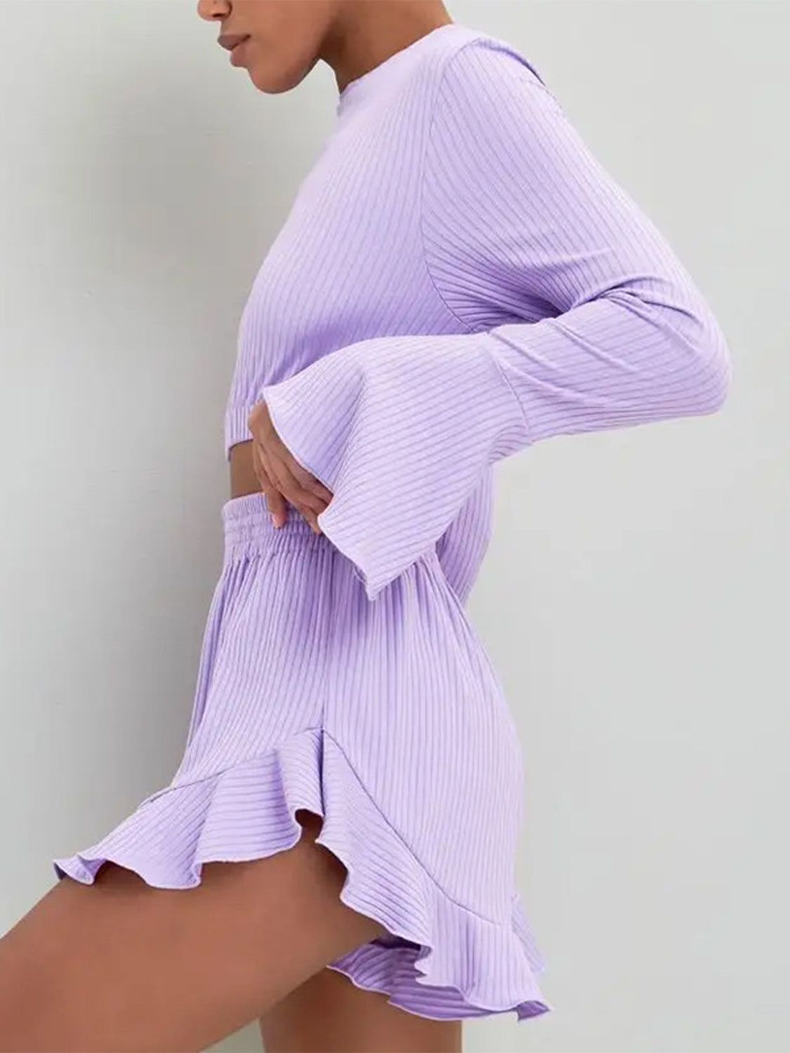 Set Round Neck Long Sleeve Top and Ruffled Shorts Set