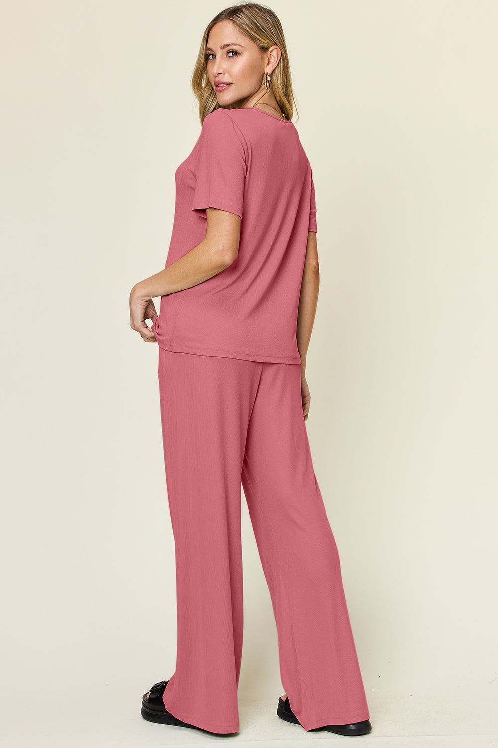 SET Double Take Full Size Round Neck Short Sleeve Top and Wide Leg Pants Set