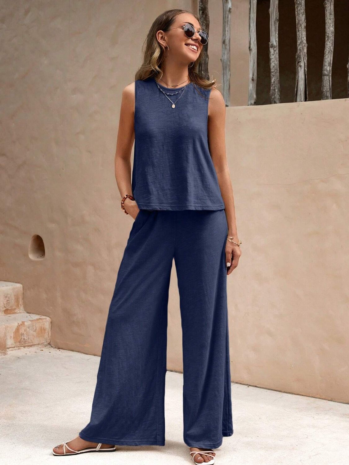 Set Round Neck Sleeveless Top and Wide Leg Pants Set