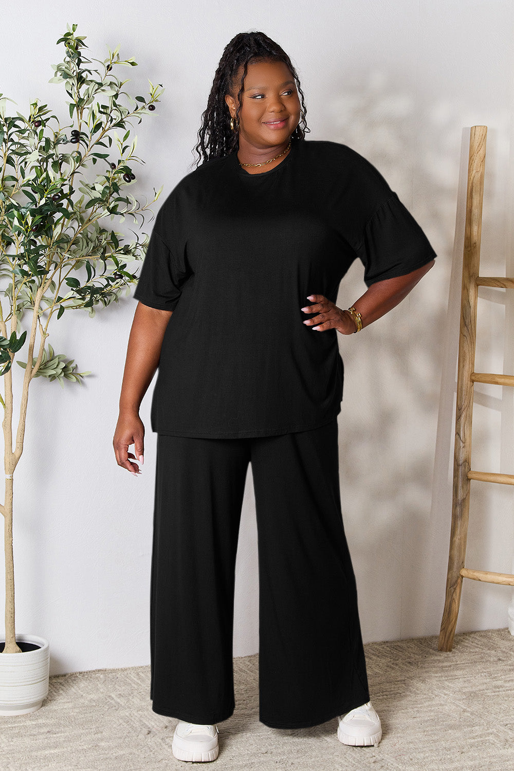Set Double Take Full Size Round Neck Slit Top and Pants Set