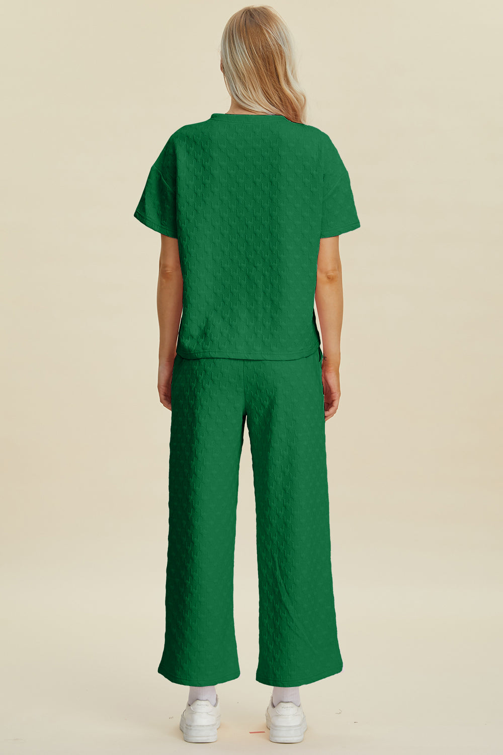 SET Double Take Full Size Texture Round Neck Short Sleeve Top and Pants Set