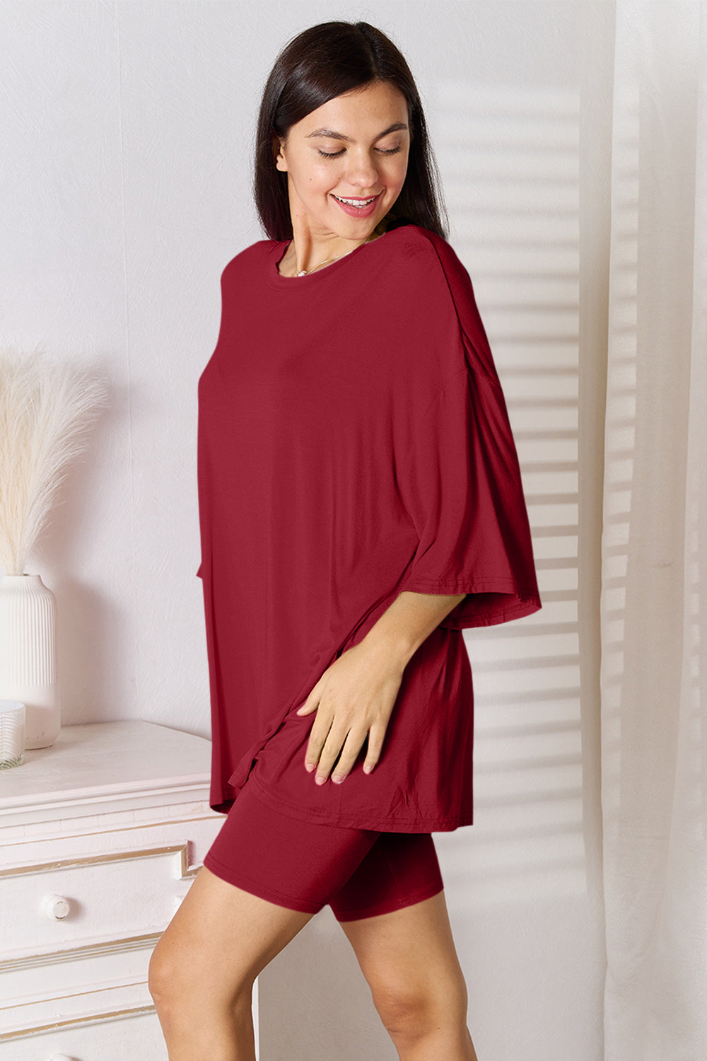 SET Basic Bae Full Size Soft Rayon Three-Quarter Sleeve Top and Shorts Set