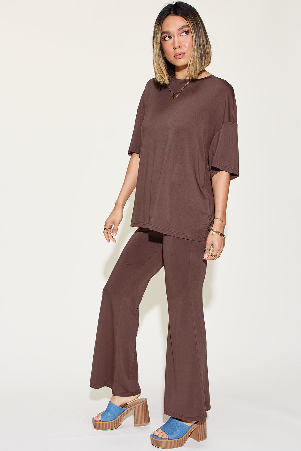 SET Basic Bae Full Size Bamboo Drop Shoulder top and Flare Pants Set