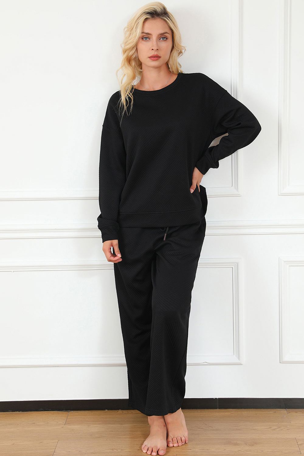 SET Double Take Full Size Textured Long Sleeve Top and Drawstring Pants Set