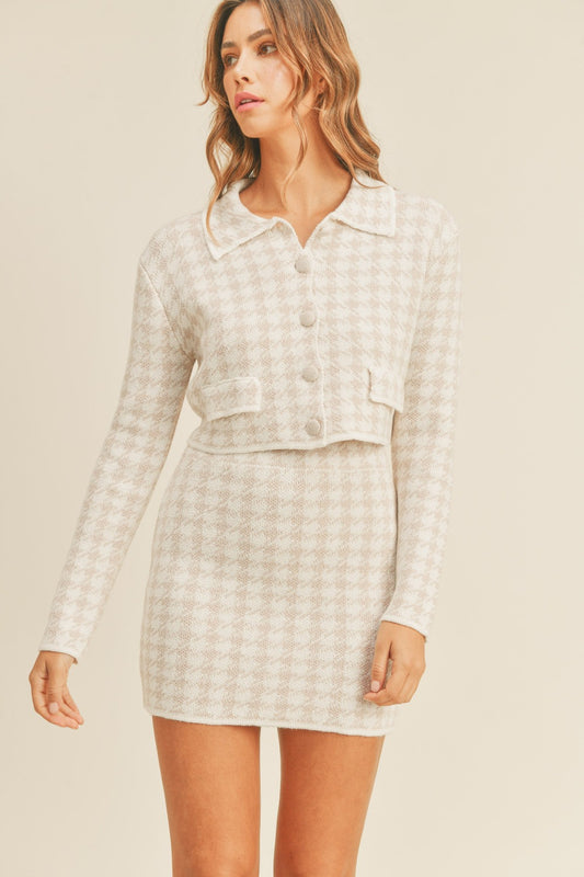Set MABLE Houndstooth Cropped Knit Cardigan and Mini Skirt Set