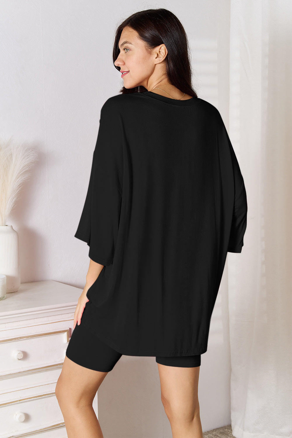 SET Basic Bae Bamboo Full Size Round Neck Drop Shoulder Top and Shorts Set
