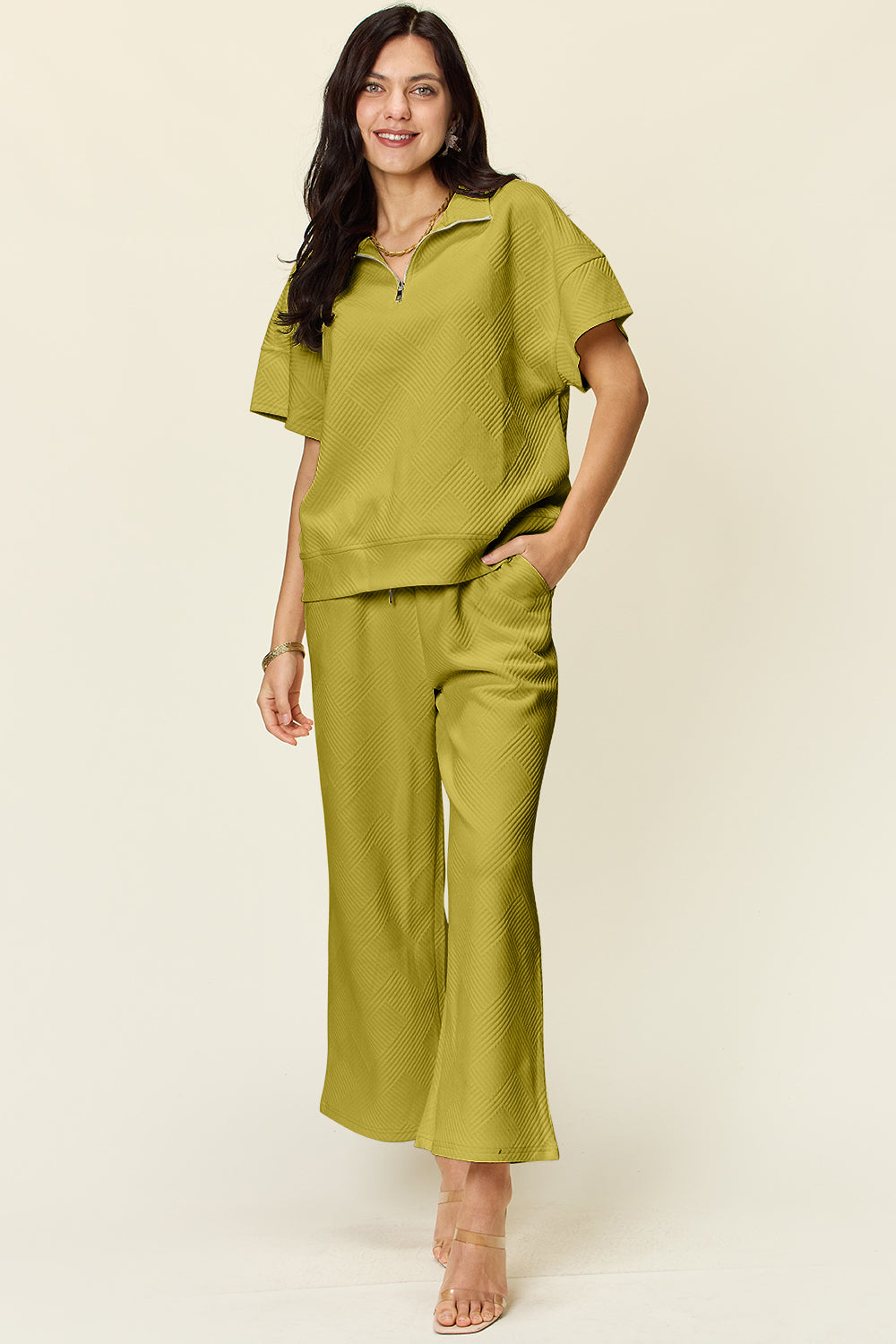 SET Double Take Full Size Texture Half Zip Short Sleeve Top and Pants Set