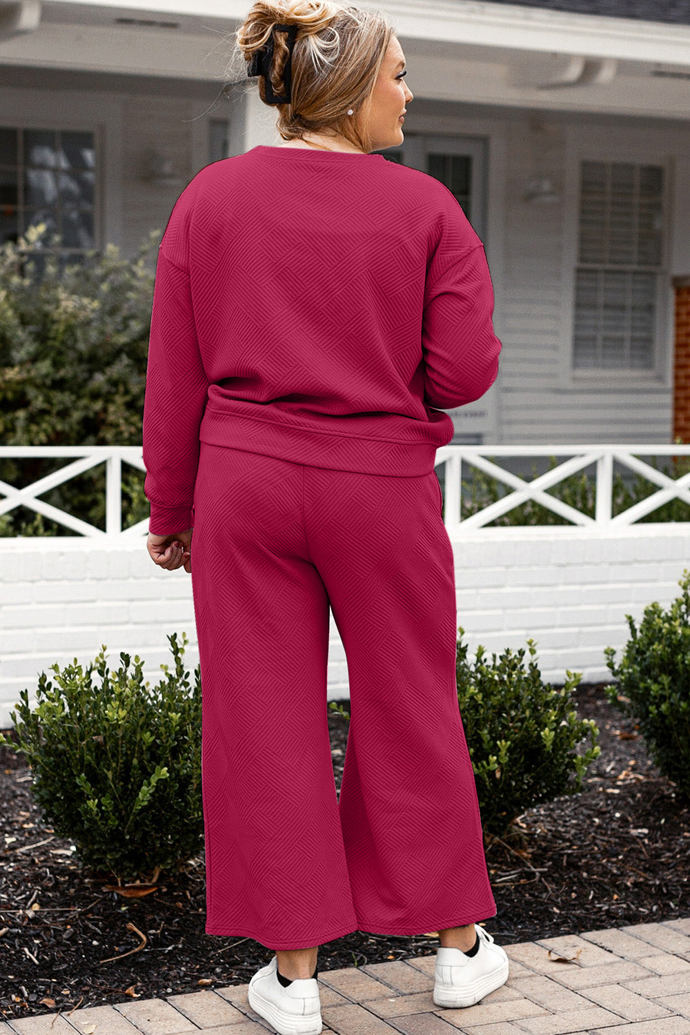 SET Double Take Full Size Textured Long Sleeve Top and Drawstring Pants Set