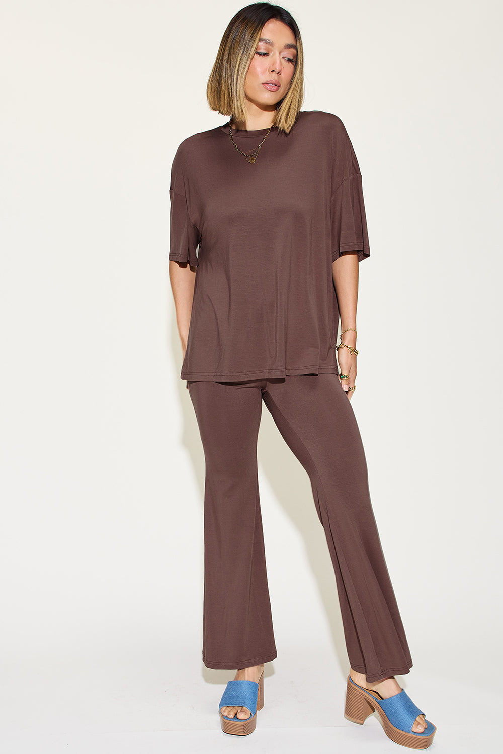 SET Basic Bae Full Size Bamboo Drop Shoulder top and Flare Pants Set