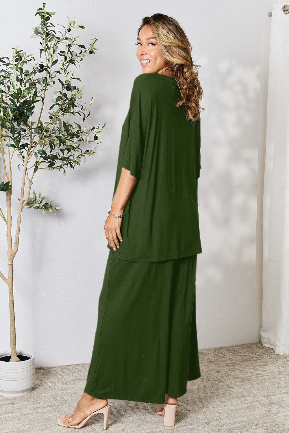 Set Double Take Full Size Round Neck Slit Top and Pants Set