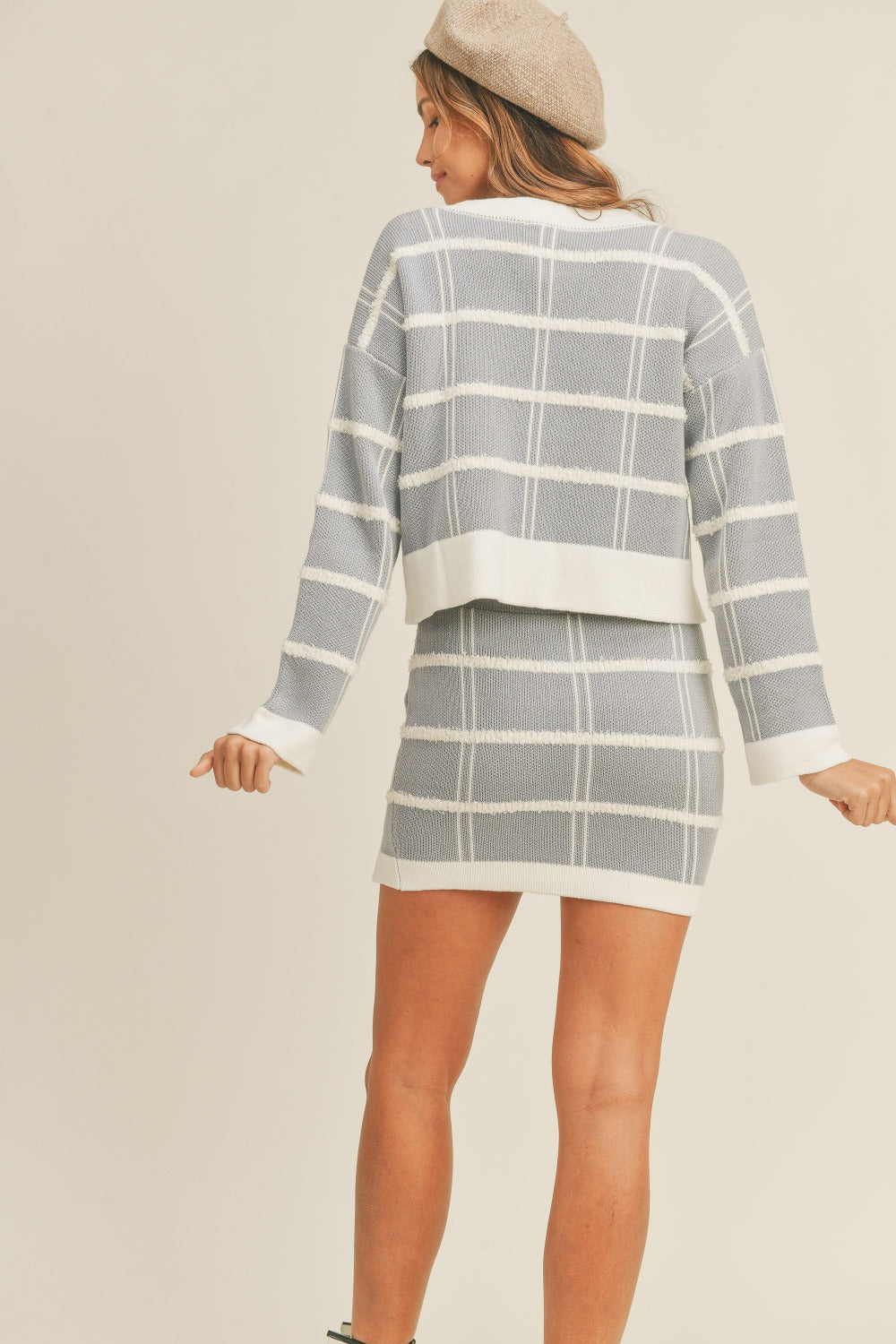 Set MABLE Plaid Button Down Sweater Cardigan and Mini Skirt Set