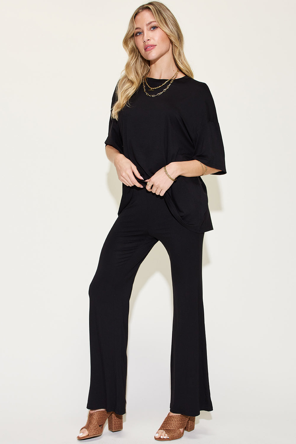 SET Basic Bae Full Size Bamboo Drop Shoulder top and Flare Pants Set