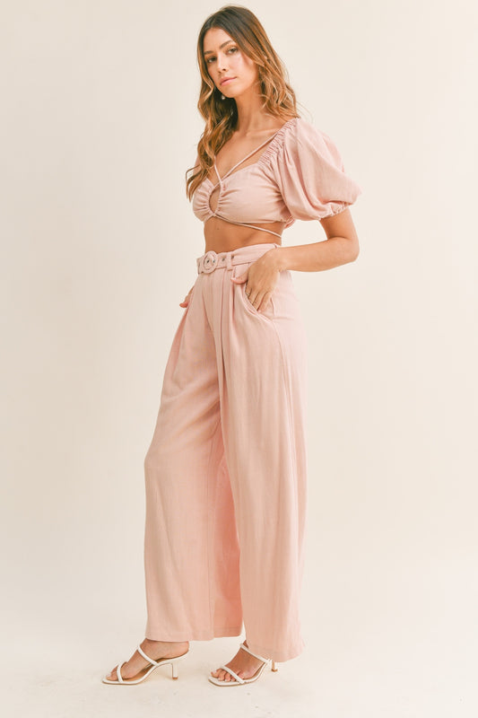 Set MABLE Cut Out Drawstring Crop Top and Belted Pants Set