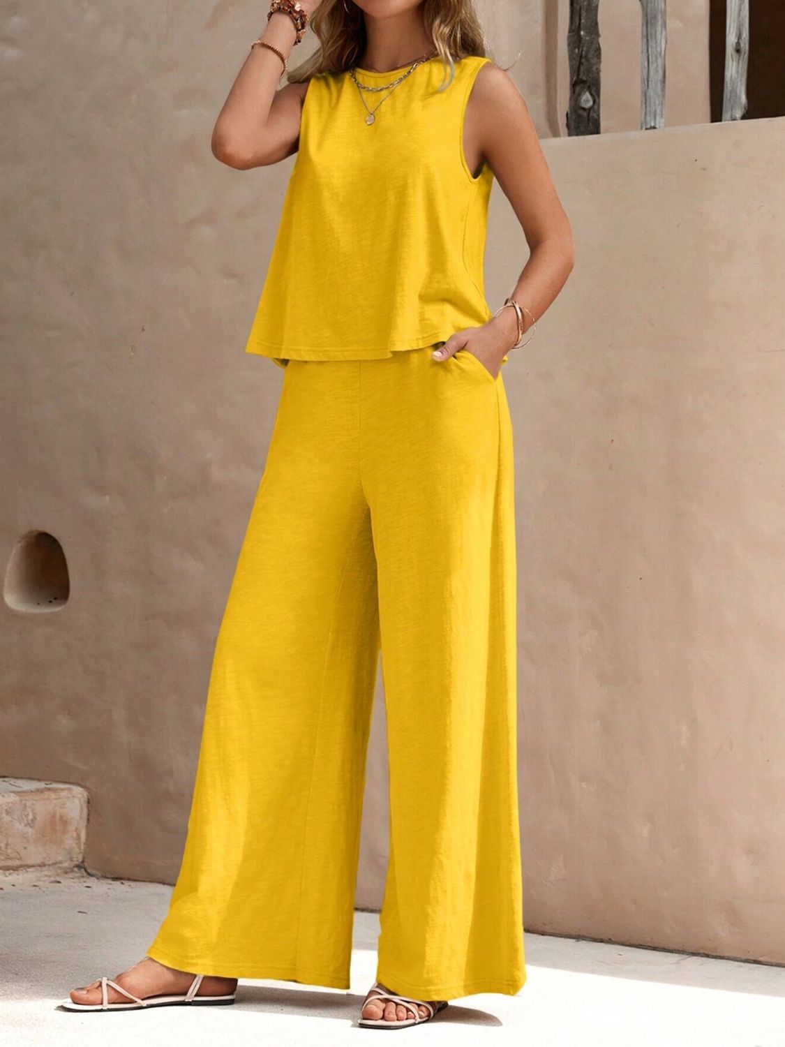 Set Round Neck Sleeveless Top and Wide Leg Pants Set