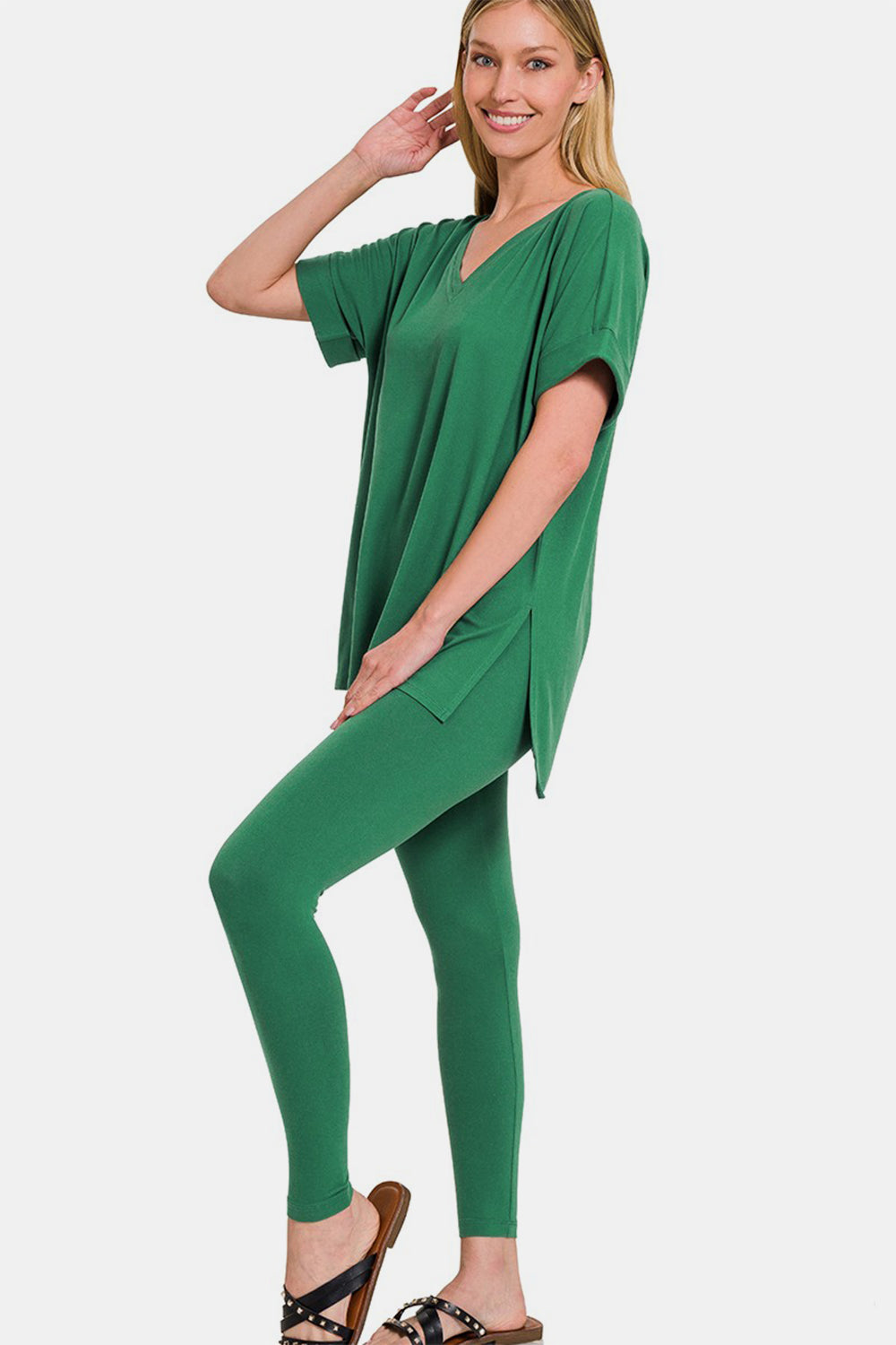 Set Zenana Full Size V-Neck Rolled Short Sleeve