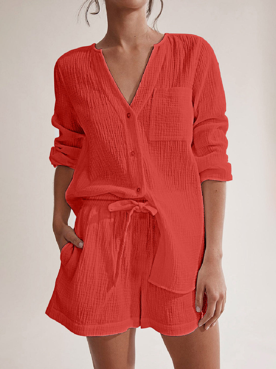 SET Notched Long Sleeve Top and Shorts Set