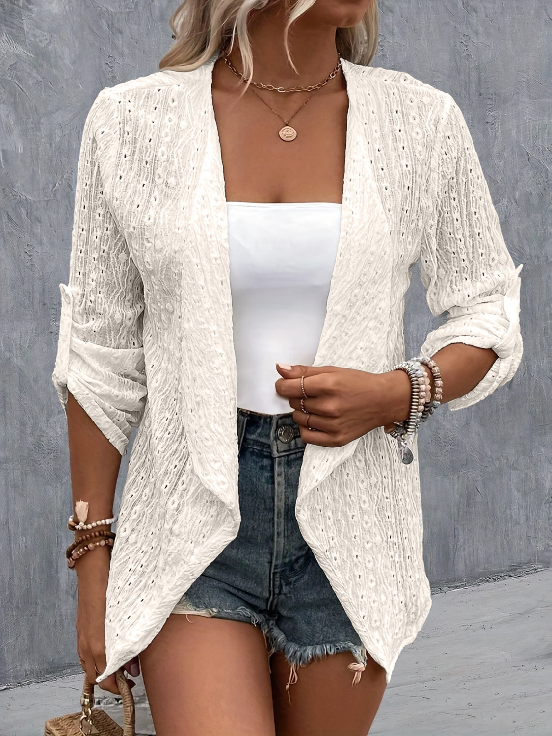 Outerwear Eyelet Roll-Tab Sleeve Cardigan